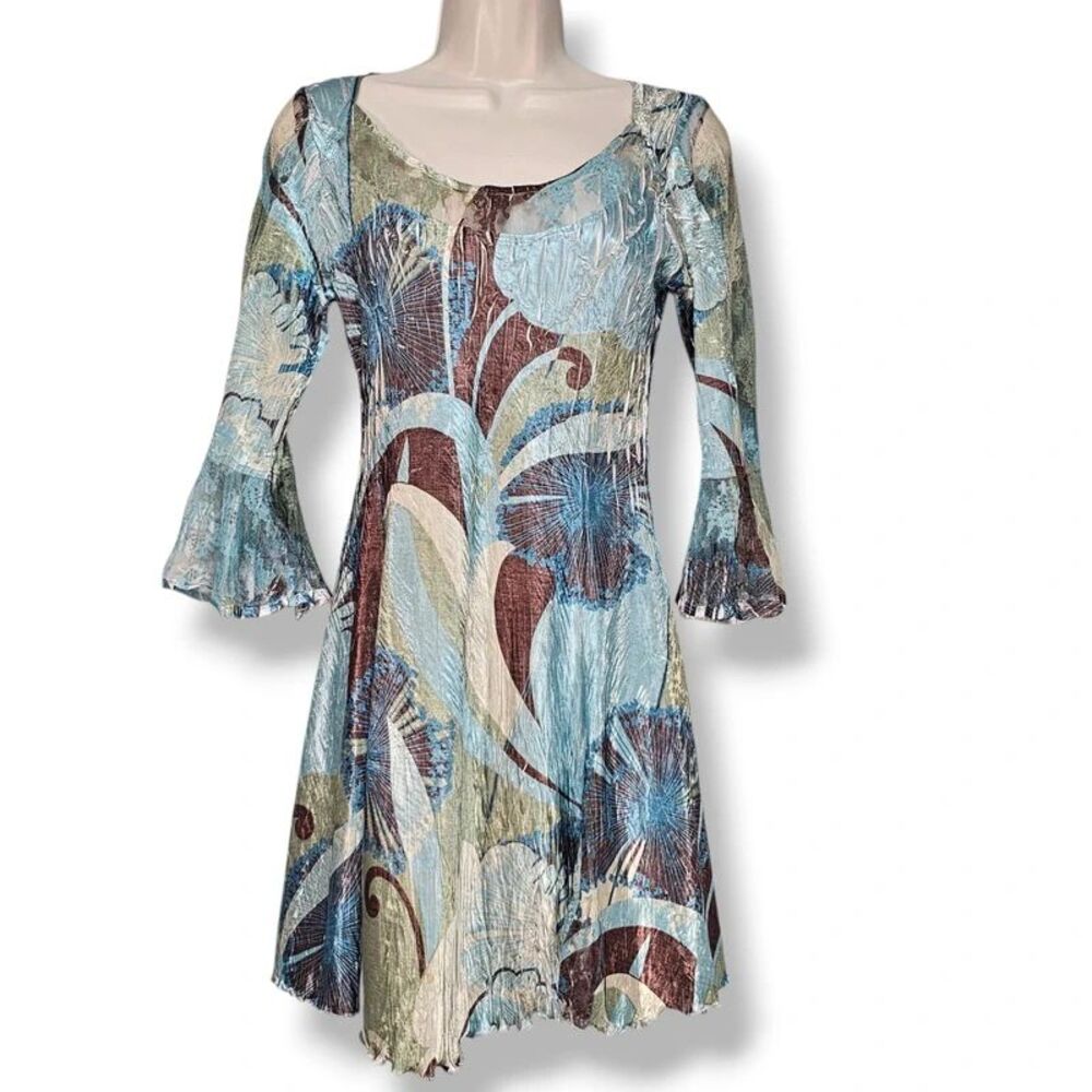 Komarov Floral Crinkle Bell Sleeve Mini Dress L Abstract Art To Wear Boho Chic